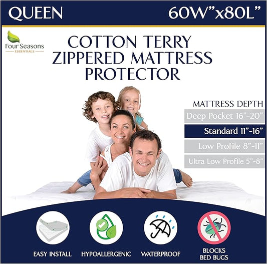 Zippered Waterproof Mattress Encasements - Hypoallergenic Mattress Protector Cover with Soft Cotton Terry Fabric Top - Queen Size 60' x 80'