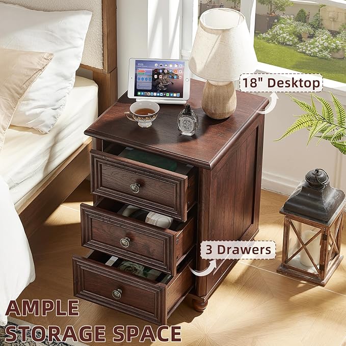 RWYHG 18" Farmhouse Night Stand Set of 2, Walnut Wood Nightstand with 3 Drawers, Bedside End Table with Storage and Roman Column, Bed Side Tables Cabinet for Bedroom, Living Room, and Closet