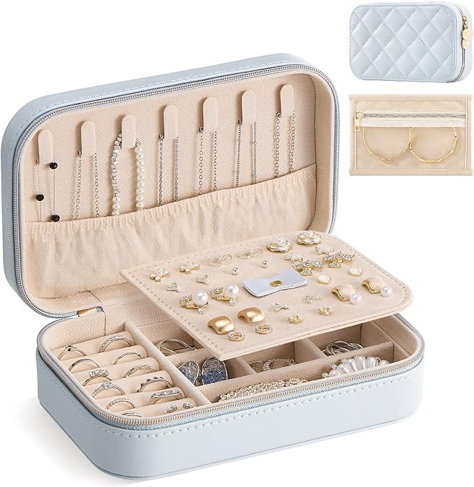 Lolalet Travel Jewelry Case for Women Girls, PU Leather Jewelry Organizer with Clear Storage Bag Small Portable Jewelry Box for Necklace Bracelet Earring Ring Mothers Day Birthday Gifts -Medium/Blue by Lolalet