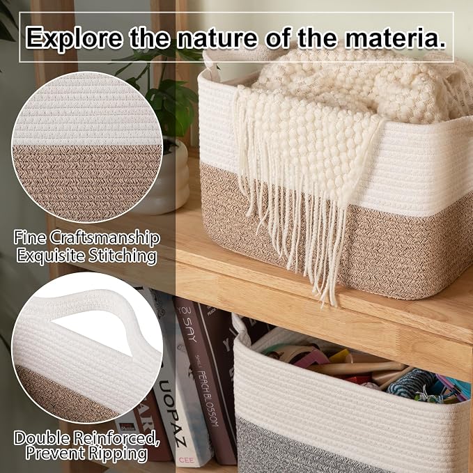OIAHOMY Woven Storage Basket for Shelves, Rectangle Cotton Rope Baskets for Organizing, 16.5 x 13 x 11.8 in, Storage Bins for Dog Toys,Towel,Books,Gift,Brown and White - Image 5