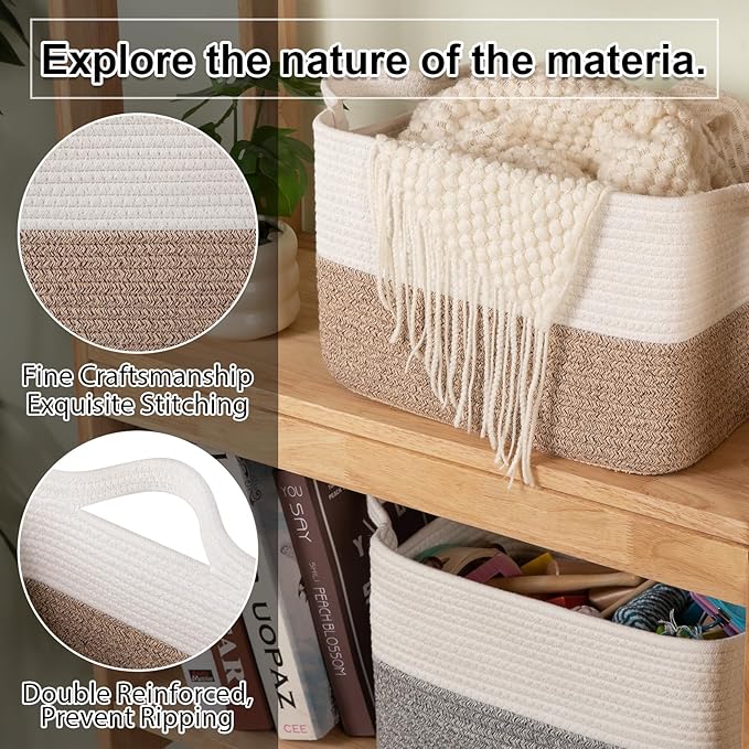 OIAHOMY Woven Storage Basket for Shelves, Rectangle Cotton Rope Baskets for Organizing, 13 x 10 x 9 in, Storage Bins for Dog Toys,Towel,Books,Gift,Brown and White - Image 5