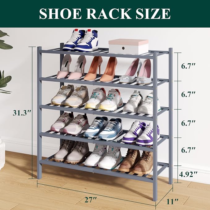 Smiry Bamboo Shoe Rack for Closet, 5 Tier Wooden Stackable Shoe Organizer, Free Standing Shoes Storage Shelf for Entryway, Front Door Entrance, Grey - Image 2