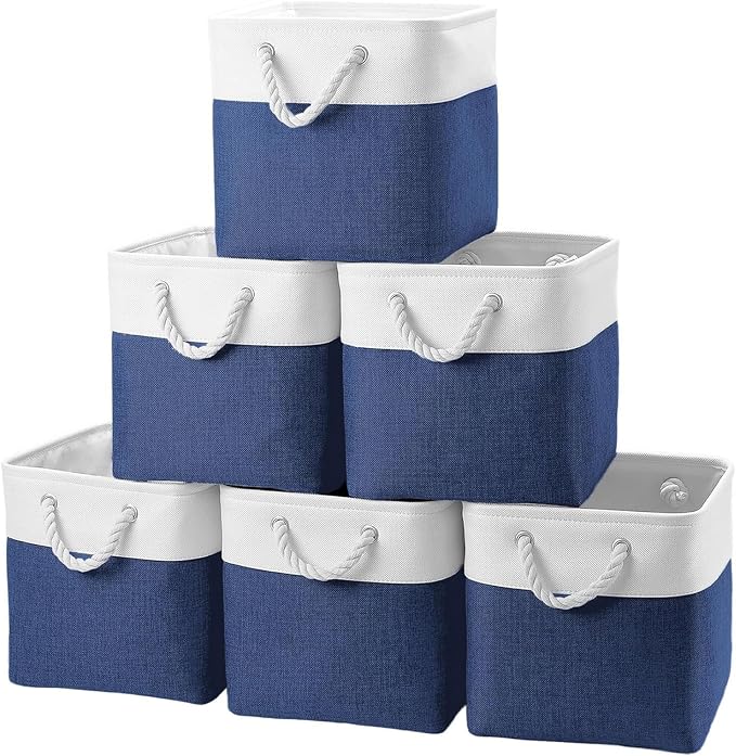 Cube Storage Bins, Collapsible Fabric Storage Cubes Bins, 11 Inch Cube Storage Bins with Handles, Foldable Storage Cubes (White/Navy, 6Pack) by BOFUGA