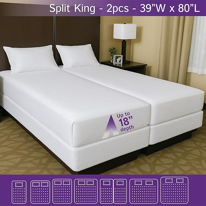 Split King Waterproof Mattress Protector (2pcs 39"x80") - Fitted Sheet Mattress Cover with Deep Pockets - Hypoallergenic, Breathable, Water Proof, Noiseless, Vinyl Free