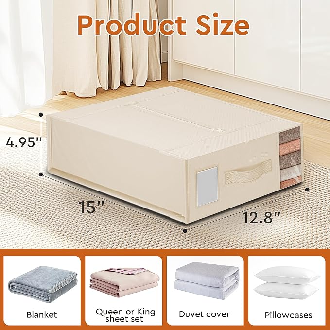 StorageTastic 6 Pack Bed Sheet Closet Organizers and Storage,Sturdy Foldable Storage Containers with Window and Label,Storage and Organization for Bedding Sheets,Duvet Covers,Blankets (Beige) - Image 2