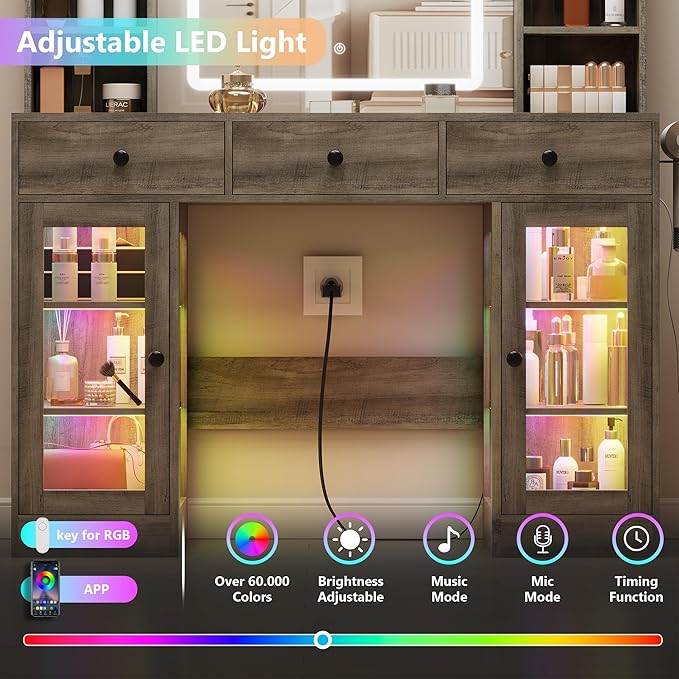 Grey Vanity Desk with Mirror and Lights, Glass Top Vanity with Lighted Mirror & RGB Cabinet and 3 Drawers, Dressing Table with 8 Shelves, Makeup Desk with Lights for Girls Bedroom, 3 Color Modes