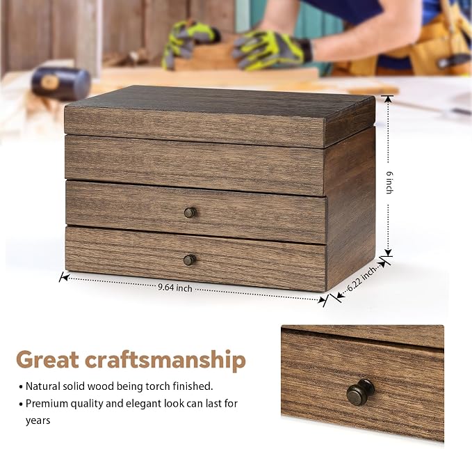 Meangood Jewelry Box Organizer for Women, 3 Layer Large Jewelry Storage Case, Rustic Wooden Jewelry Box with Mirror & Ring Tray for Necklace Earring Bracelets Rings, Vintage Style (Walnut) - Image 4