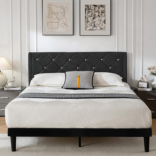 Full Bed Frame with Headboard, Bed Frame Full Size with Sturdy Wooden Slats Support, Platform Frame with Velvet Upholstered Headboard, Mattress Foundation, Easy Assembly, No Box Spring Needed Black