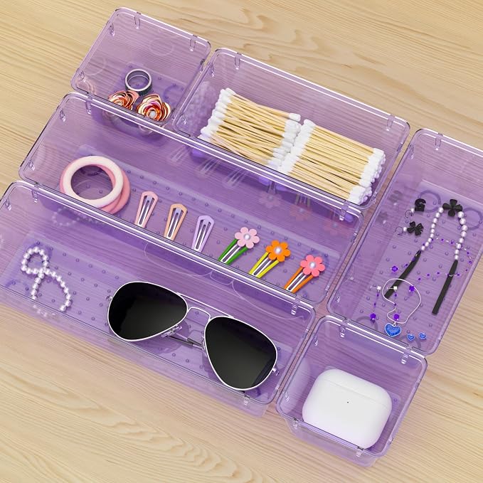 WOWBOX 9 Pack Clear Drawer Organizer Set, Acrylic Drawer Storage Trays, Storage Bins for Makeup, Cosmetics, Jewelries, Utensils, Gadgets, Office, Purple - Image 7