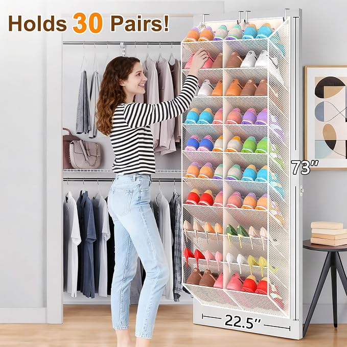 UVIAHOMI 20-30 Pairs Over the Door Shoe Organizer, Breathable Pocket Hanging Shoe Storage for Closet, 10-Tier Door Shoes Rack, Handing Shoes Holder Fit All the Family's Sneakers, Boots, Heels, Beige - Image 2