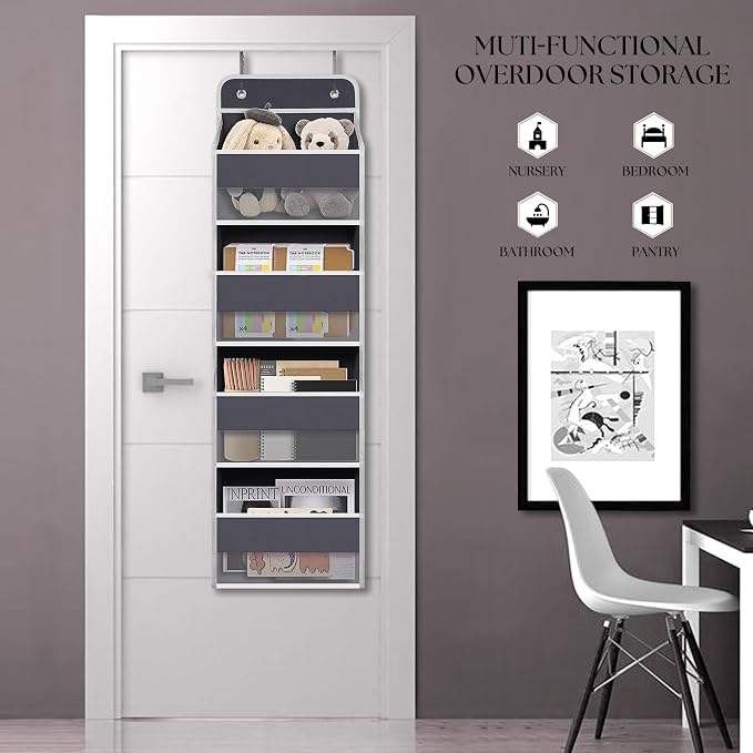 TYMENSH Over The Door Hanging Organizer with 4 Large Pockets – Closet, Bathroom, Nursery, Bedroom, Dorm Storage for Toys, Cosmetics, and Baby Essentials, Gray - Image 3