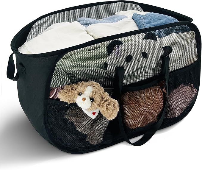 Upgraded Cationic XL Collapsible Laundry Baskets, 100L Extra Large Mesh Pop Up Hamper with Handles and bag, Portable Stair Basket, Dirty Clothes Hamper for Cruise Travel Bedroom. Black by NairSnow