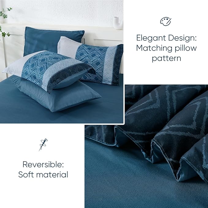 Dinjoy Navy Blue King Size Comforter Set,Striped Bed in a Bag King 7 Pieces Soft Microfiber Fall Bedding Comforters Sets with Sheet Boho Bed Complete Set for Men All Season