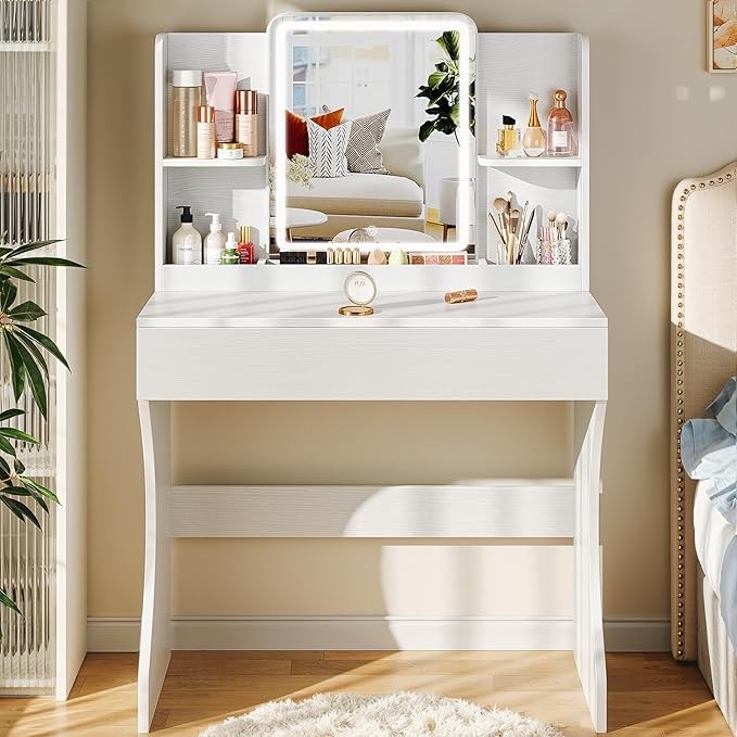 Driftalia Small Vanity Desk with Mirror and Lights, Makeup Vanity with Storage Drawer, 2 Shelves and 3 Compartments - White