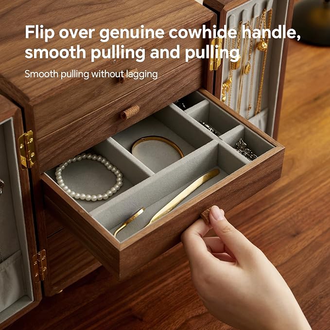 Black Walnut Wood Wooden Jewelry Box for Women, Large Velvet Lined Jewelry Organizer with 5 Drawers & Brass Feet, Earring Jewelry Box Organizer, Traditional Chinese Pattern Handles - Image 7