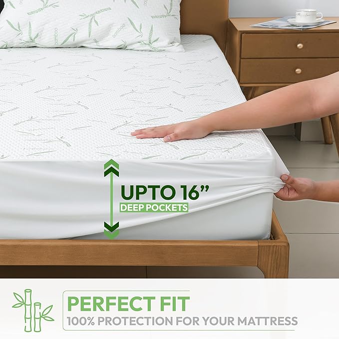Hannah Linen California King Mattress Protector, Cooling Rayon dervied from Bamboo Viscose, 100% Waterproof - Fitted Sheet Style, Deep Pocket