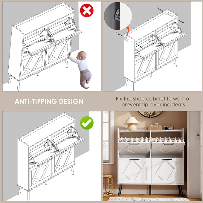 Nicetree Shoe Cabinet with 4 Flip Drawers, Freestanding Shoe Organizer Cabinet with Metal Legs, Farmhouse Slim Shoe Rack Cabinet for Entryway, Foyer, Hallway, White - Image 9