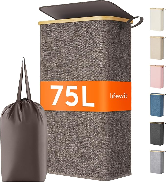 Lifewit 75L Slim Laundry Hamper with Lid, Narrow Laundry Basket with Removable Bag & Bamboo Handles, Fodable Thin Dirty Clothes Hamper for Laundry Collapsible Bin for Bathroom Bedroom Dorm, Brown by Lifewit