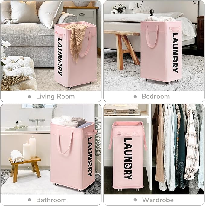 CHICVITA Slim Laundry Hamper with Wheels 75L, Collapsible Rolling Laundry Basket for Living Room, Pink Laundry Hamper for College Dorm - Image 5