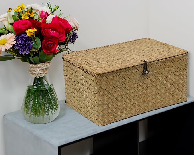 Wicker Basket with Lid, Natural Seagrass Storage Baskets for Organizing, Woven Basket for Storage, Decorative Boxes Bins with Lids Home Organizer Decor (Natural, 14.3" x 9.4" x 6.9") - Image 6