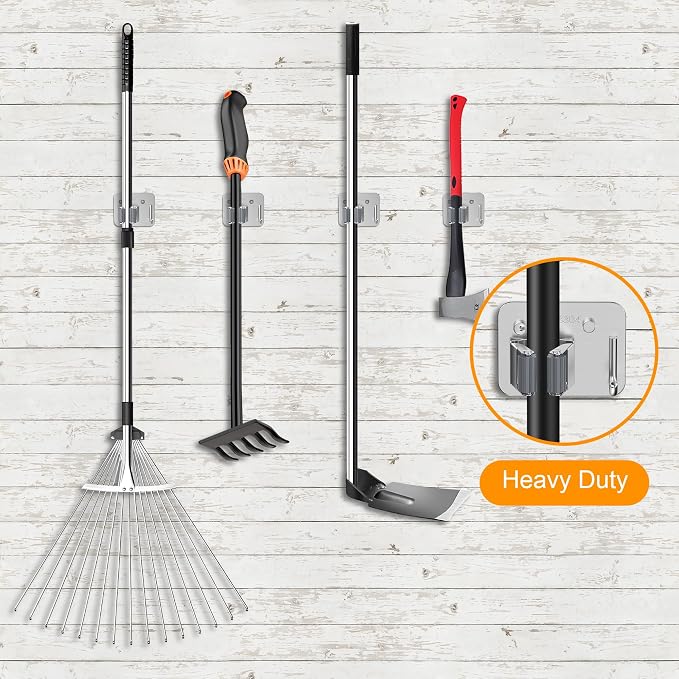 4 Pack Stainless Steel Mop and Broom Holder Wall Mount with Hook, Screw Drilling Mop and Broom Hanger, Single Heavy Duty Storage Rack for Laundry Garage Closet Garden Tool Organizer, Silver - Image 6