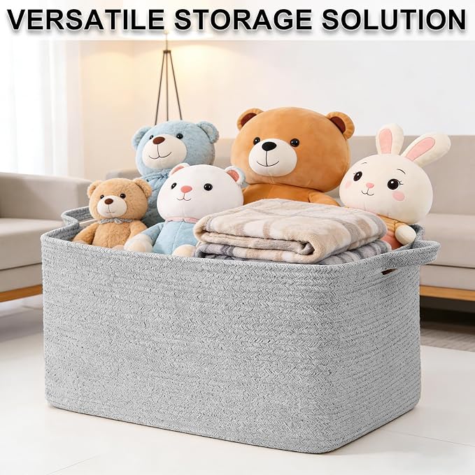 Large Blanket Basket,Woven Rope Basket Storage Bin with Handles,65L Rectangle Laundry Basket for Magazines,Toys,Clothes,Newspaper Shelf Organization,Nursery and Living Room,Grey - Image 8