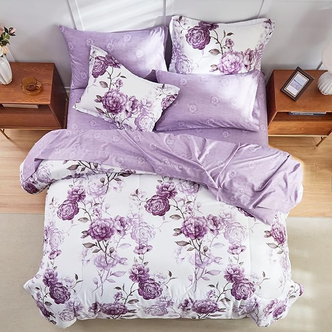 AIKASY 7-Piece King Size Bed in a Bag Comforter Set - Thistle Purple Floral Ensemble with Reversible Botanical Flowers Comforter, Sheets, Pillowcases & Shams