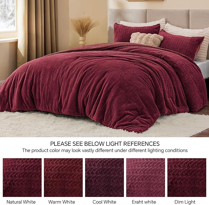 Flannel Fleece Twin Comforter Set - Furry Burgundy Leaves Pattern Faux Fur Bed Set, Winter Ultra Soft Fuzzy Comfort Set, Velvet Bedding Set for Bed with 1 Pillow case