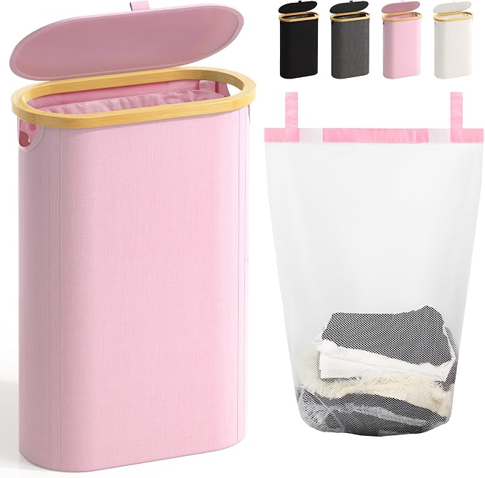 Slim Laundry Hamper with Lid, 60L Small Laundry Basket with Handles&Removable Bag, Thin Dirty Clothes Hampers for Laundry, Narrow Laundry Hampers for Bedroom Aesthetic, Pink by Bathola