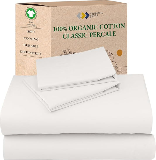 California Design Den King Sheets Set - Soft 100% Organic Cotton Sheets with Deep Pockets, Crisp Percale, Breathable and Durable Bedding Set - True Ivory