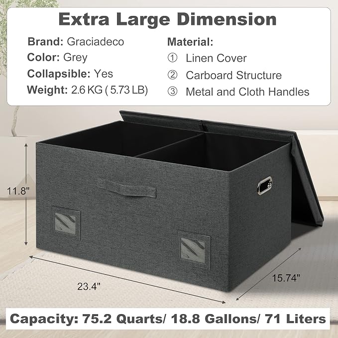 Graciadeco 75 Quarts Extra Large Decorative Storage Bins with Lids, 3 Packs Dark Gray Collapsible Storage Bins with Lids, Stackable Storage Bins Decorative Box Storage With Lid Extra Large - Image 2