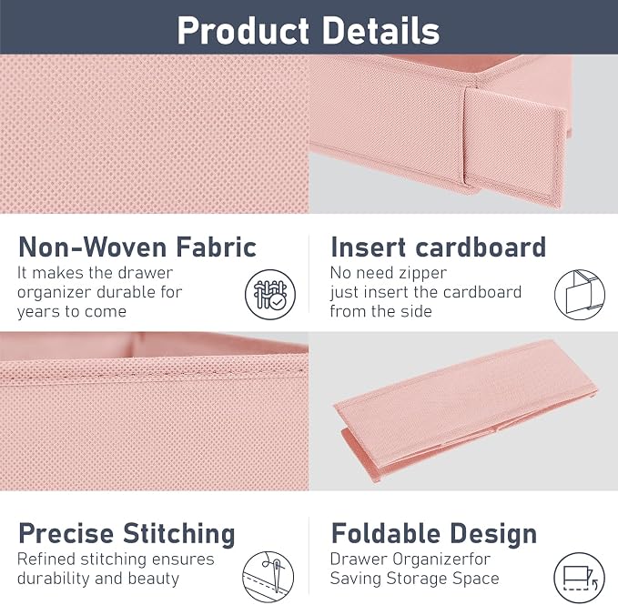 DIMJ Drawer Organizer Clothes - Underwear Organizer Small Sock Organizer Closet Organizers and Storage Box Dresser Drawer Dividers for Baby Clothes,Bra,Socks, Belt, Tie, Set of 12, Pink - Image 6