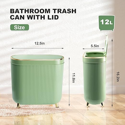 Supteron Bathroom Trash Can with Lid 3.2 Gallon Narrow Trash Can Small Plastic Trash Bin 12 Liter with Press Type Lid for Bedroom Bathroom, Mint Green - Image 2