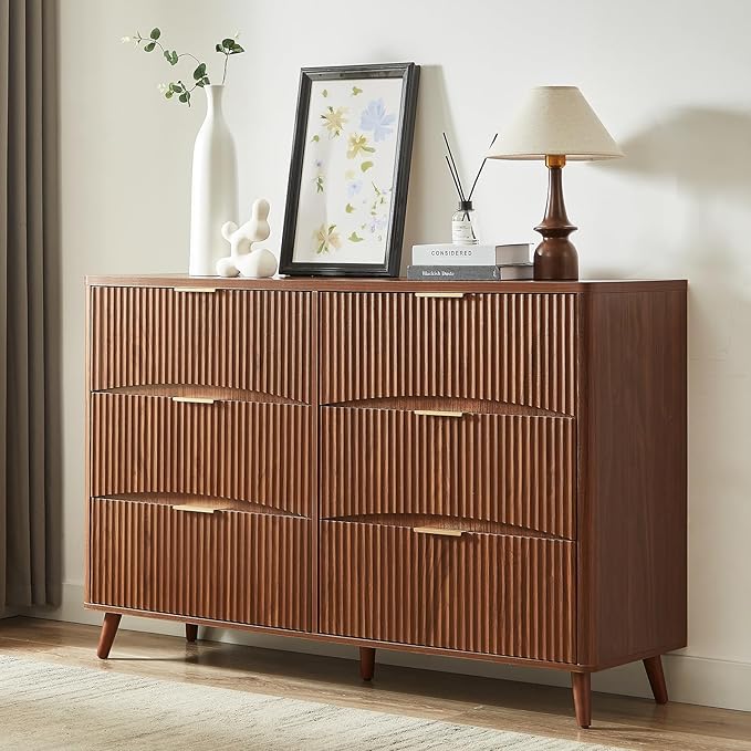 Evermagin 3-Piece Bedroom Furniture Set for Bedroom, 55" Wide Fluted 6-Drawer Dresser with 2 Nightstands, Mid-Century Modern Dresser and Nightstand Set (Walnut)
