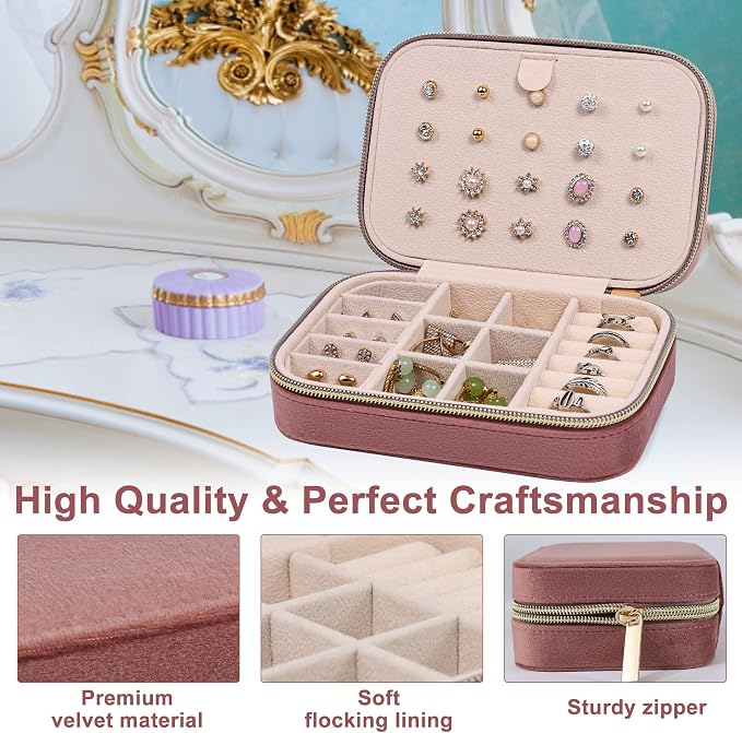Dajasan Velvet Jewelry Box, Small Travel Jewelry Case, Portable Travel Jewelry Organizer Box for Women Girls (Pink) - Image 4