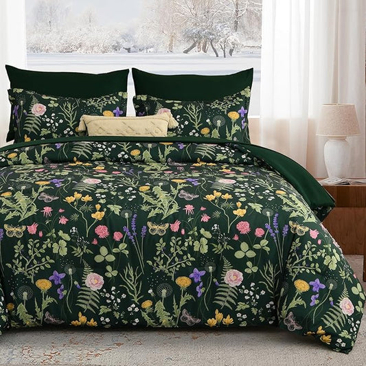Yiran Queen Comforter Set 7 Piece, Dark Green Floral Bedding Set, Bed in a Bag Queen with Botanical Flowers Patterns, Soft Lightweight Complete Comforters with Sheets for All Season