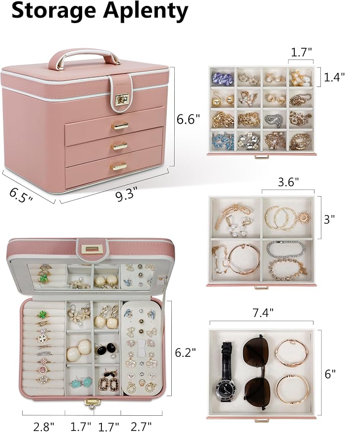 KAMIER Jewelry Organizer Box for Women - 4 Layer Drawer Jewellery Storage with Lock and Mirror - Jewelry Case for Necklaces Rings Bracelets Earring Holder Organizers (Pink) - Image 3