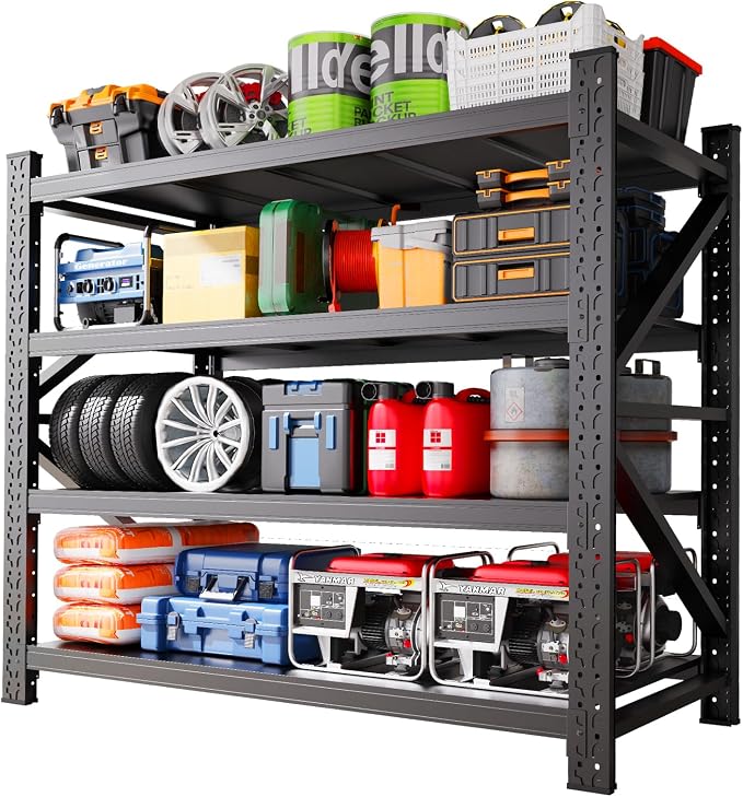Heavy Duty Garage Shelving,6000LBS Capacity Metal Storage Shelves,4-Tier Adjustable Industrial Shelving Unit,Steel Rack for Warehouse,Garage,Workshop(70" H*48" W*24" D) Black by LBVSKKSteelProducts