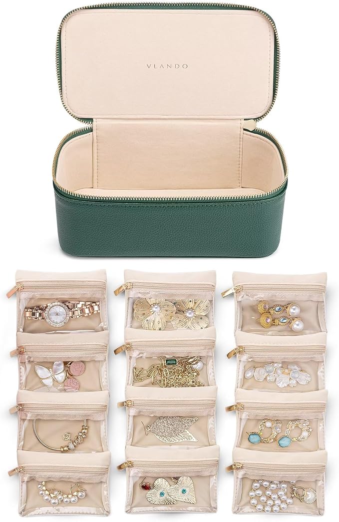 VLANDO Jewelry Travel Case,Travel Jewelry Organizer with Clear Velvet Jewelry Bags 12Pcs Zipper Pouch for Women Girl Gift-Green by VLANDO
