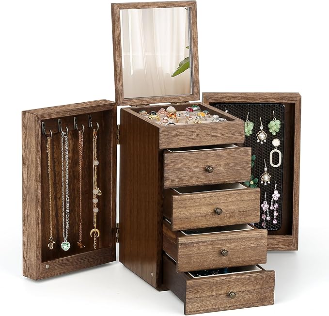 Meangood Jewelry Box Wood for Wowen, 5-Layer Large Organizer Box with Mirror & 4 Drawers for Rings, Earrings, Necklaces, Walnut by Meangood