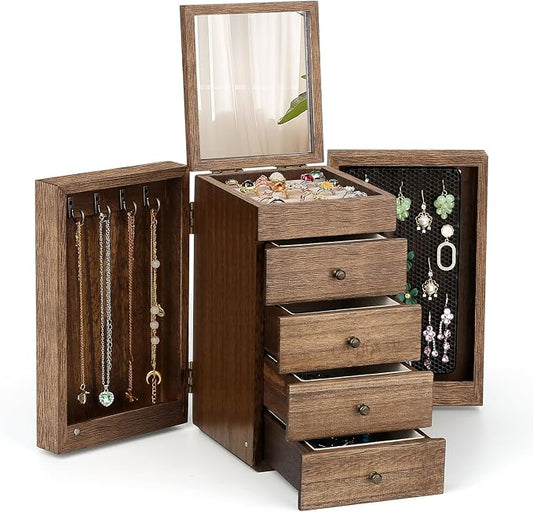 Meangood Jewelry Box Wood for Wowen, 5-Layer Large Organizer Box with Mirror & 4 Drawers for Rings, Earrings, Necklaces, Walnut by Meangood