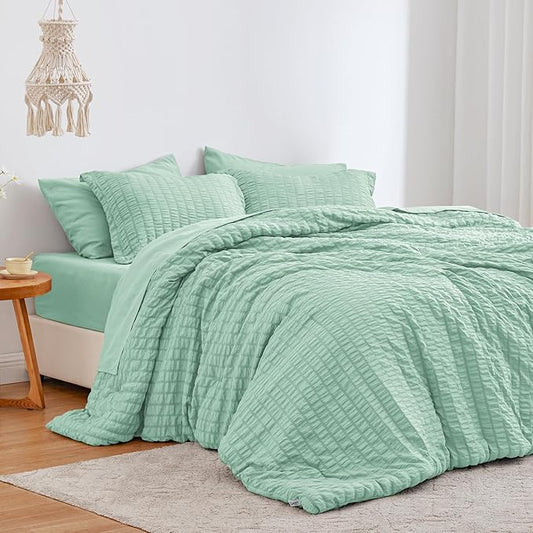 Love's cabin Seersucker Light Green California King Comforter Set, 7-Piece All Season Lightweight Bed in a Bag Bedding Set with Comforter, Flat Sheet, Fitted Sheet, Pillowcases and Shams | Soft, Breathable, Lightweight