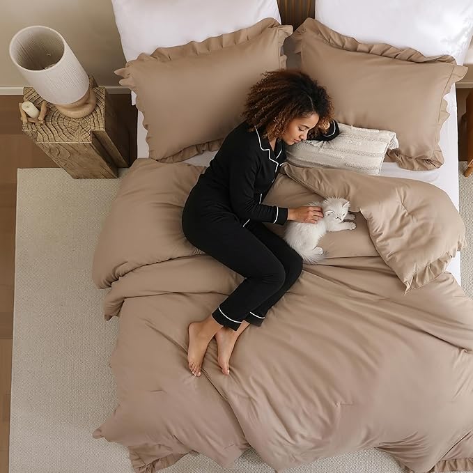 JANZAA Twin Ruffled Comforter Set 3PCS (1 Taupe Comforter Set and 2 Pillowcases) Vintage Farmhouse Shabby Chic Bedding Soft Fluffy All Season