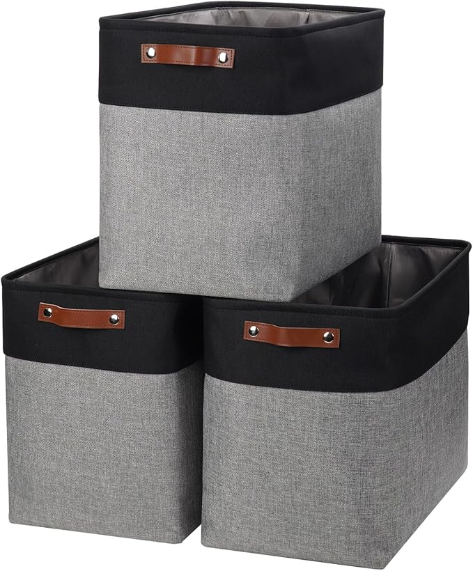 Bagnizer Large Fabric Storage Baskets | 50L Storage Bins, Decorative Linen Closet Baskets with Handles for Organizing, Shelf, Toys, Clothes, Home, Office, Nursery, 17x12x15Inches (Gray&Black) by Bagnizer