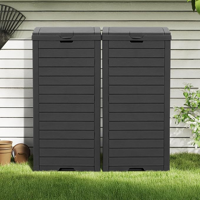 DWVO 38 Gallon Large Outdoor Trash Can, 2-Pack Waterproof Resin Hideaway Garbage Bin with Lid and Drip Tray, Outside Trash Bin for Porch, Backyard, Deck, Patio, Poolside, Easy to Clean, Black - Image 2