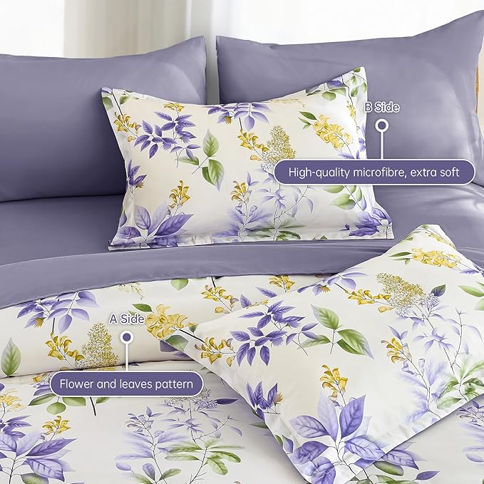 Cottolester Queen Comforter Set- 7 Pieces Floral Comforter Bed in A Bag,Purple Green Botanical Comforter Set with Pillowcases,Soft Microfiber Complete Bedding Sets for All Season