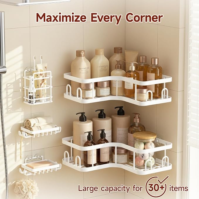 Veken Corner Shower Caddy 5-Pack, Advanced Rustproof Design, No Drilling Adhesive Shelves, Rack with Soap Holder, Large Capacity Bathroom Organizers and Storage, Wall-Mounted Kitchen&Home Decor,White - Image 5