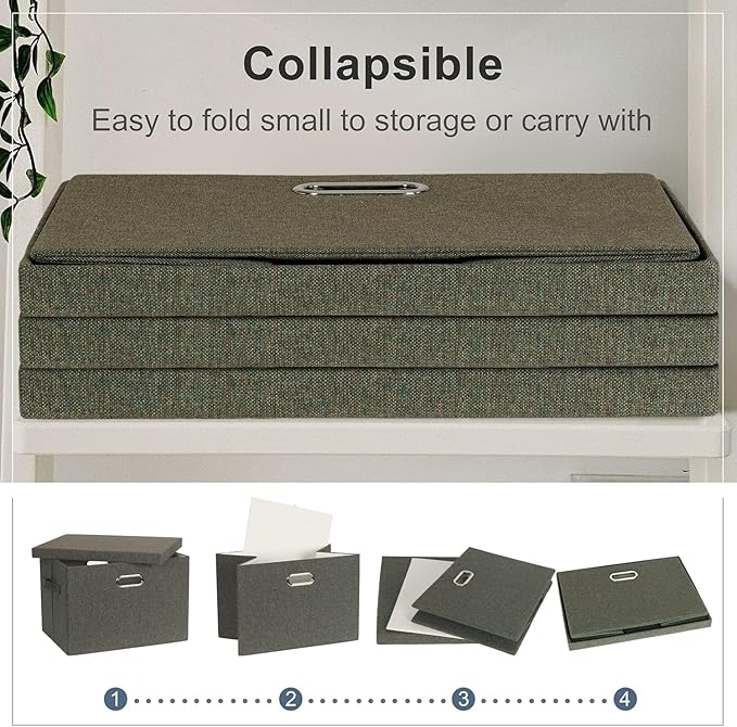 Graciadeco Large 17" 36 Quart Collapsible Stackable Storage Bins with Lids, 3 Packs Dark green Foldable Fabric Closet Storage Boxes with Lids, Heavy-duty Linen Cube Baskets(17x12x11) - Image 4
