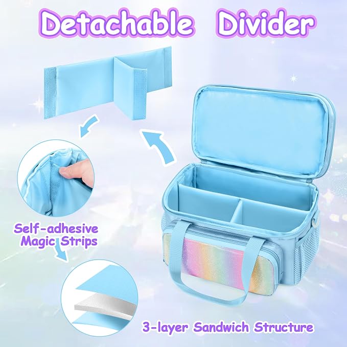 GRAOSO Double Layer Jewelry Organizer Storage for Kids Girls, Travel Jewelry Case Bag, Portable Jewelry Box with Handle and Detachable Shoulder Strap for Necklaces, Earrings, Rings, Blue (Case Only) - Image 3