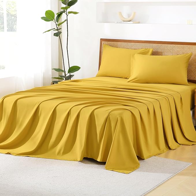 Litanika California King Size Comforter Set with Sheets Mustard Yellow - 7 Pieces Bed in a Bag Cal King Chevron Tufted Complete Bedding Sets with Comforter, Sheets, Pillowcases & Shams